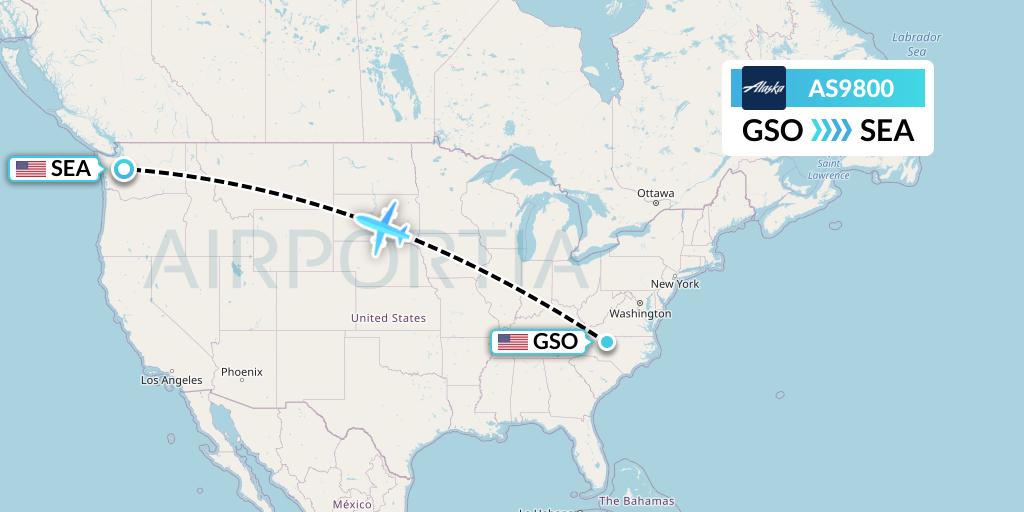 AS9800 Alaska Airlines Flight Map: Greensboro to Seattle