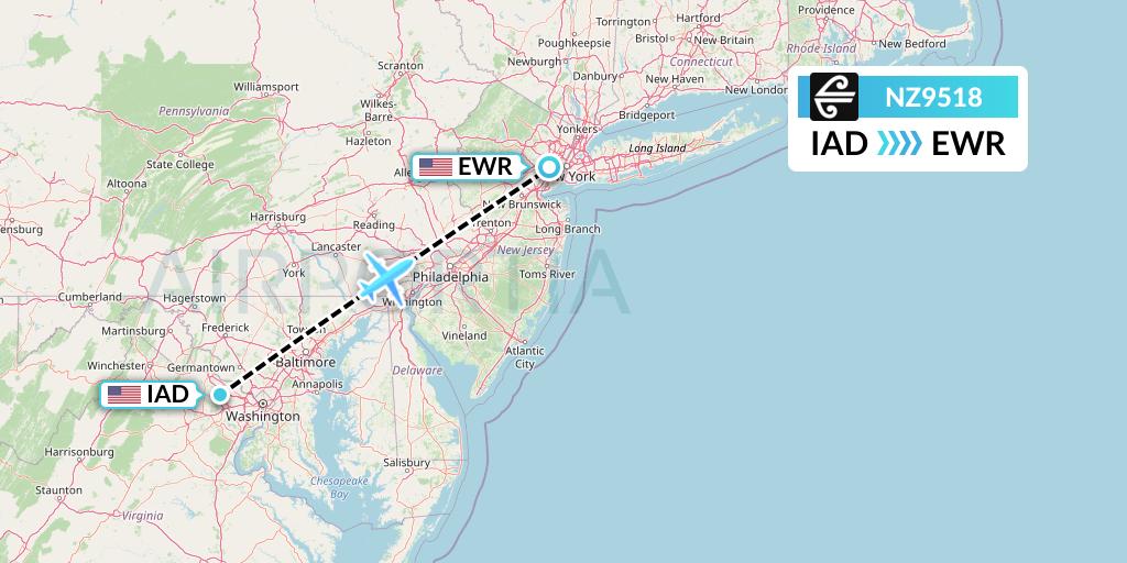 NZ9518 Air New Zealand Flight Map: Washington to New York