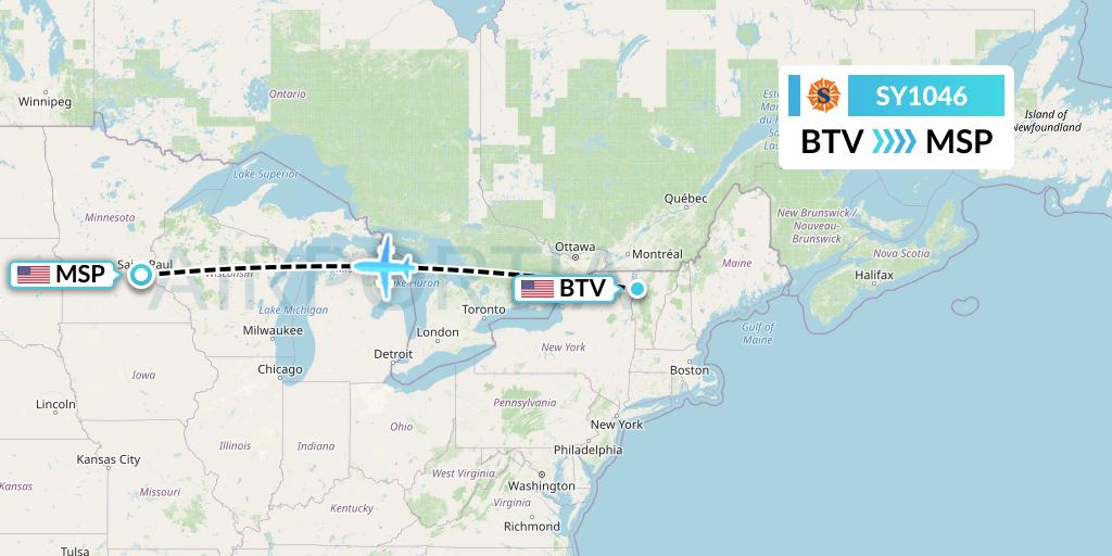 SY1046 Sun Country Airlines Flight Map: Burlington to Minneapolis