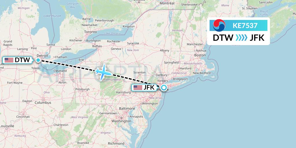 KE7537 Korean Air Flight Map: Detroit to New York