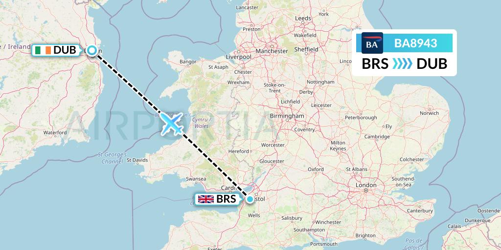 BA8943 British Airways Flight Map: Bristol to Dublin