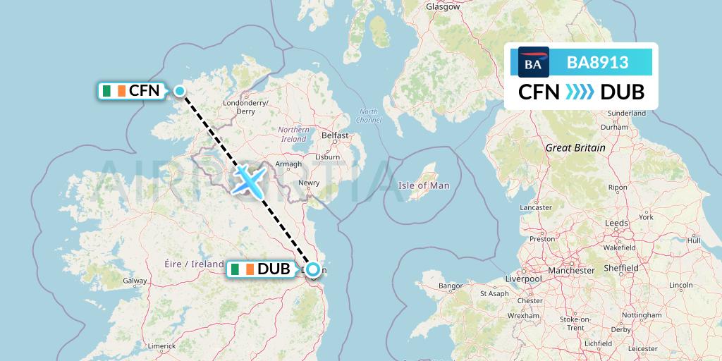 BA8913 British Airways Flight Map: Donegal to Dublin