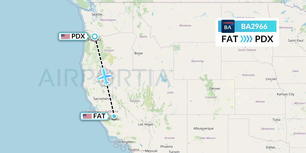 BA2966 British Airways Flight Map: Fresno to Portland