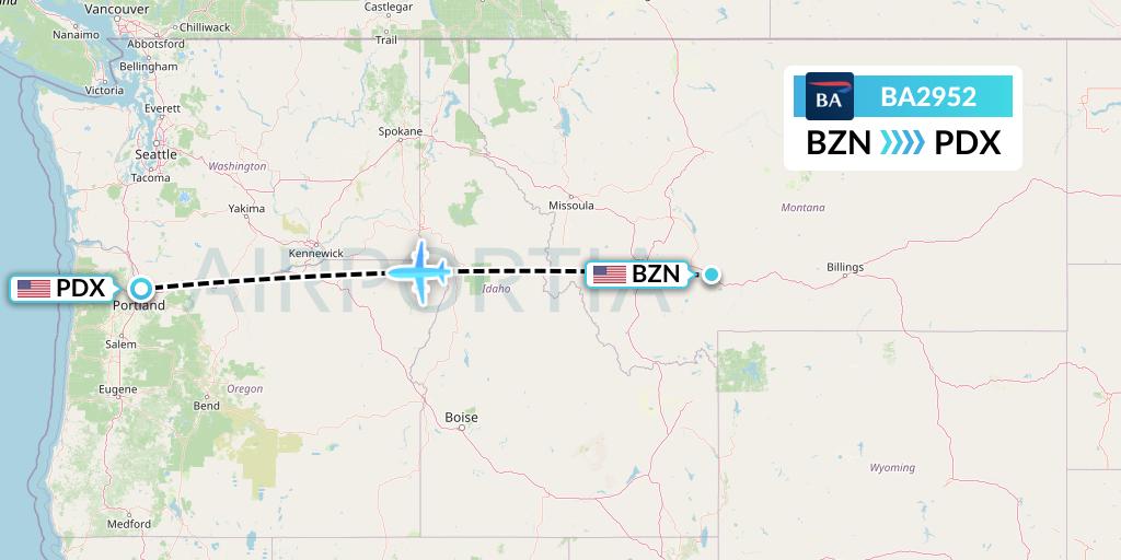 BA2952 British Airways Flight Map: Bozeman to Portland
