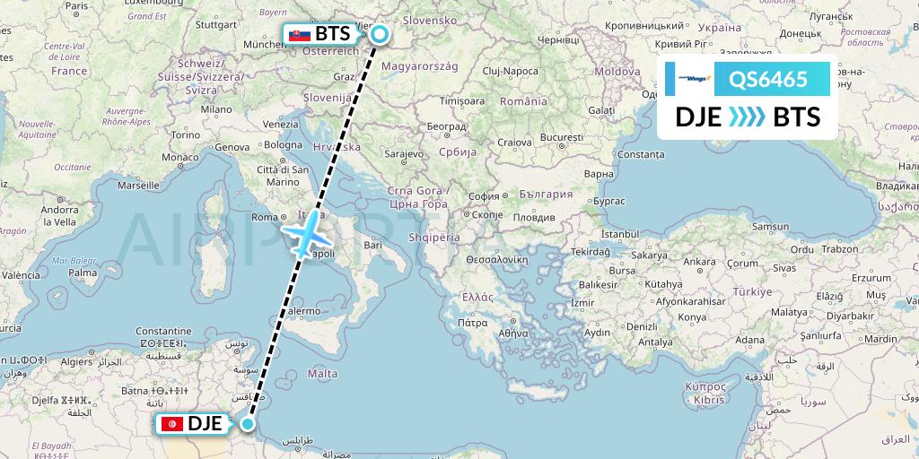 QS6465 Smartwings Flight Map: Djerba to Bratislava