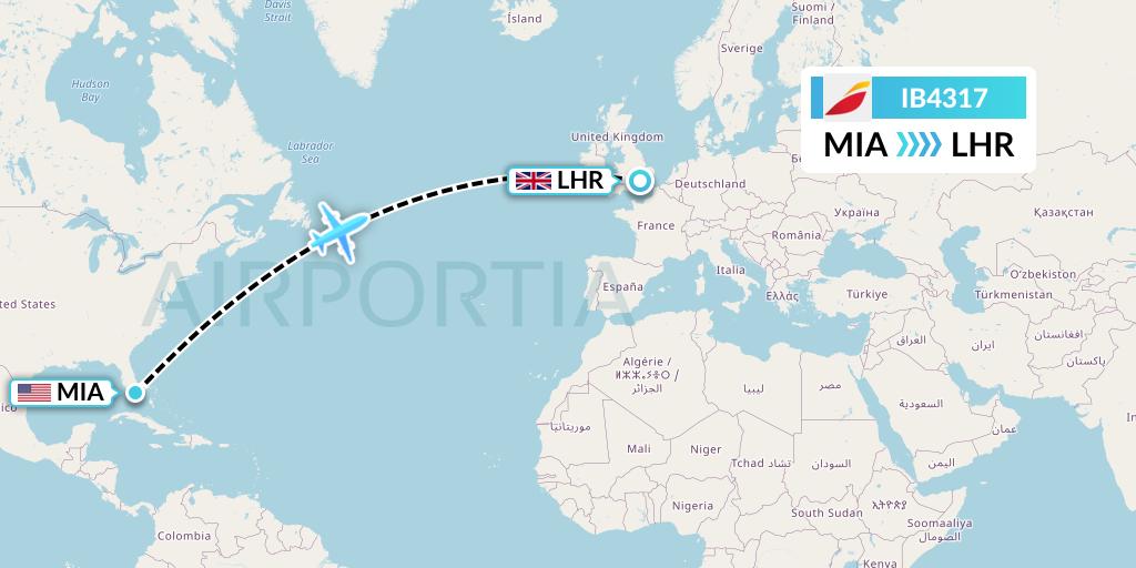 IB4317 Iberia Flight Map: Miami to London