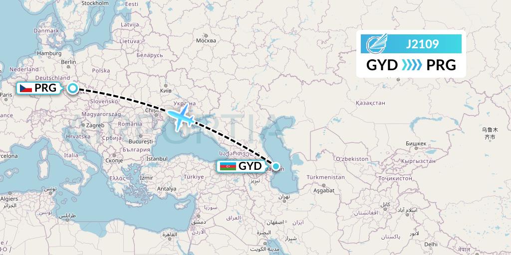 J2109 Azerbaijan Airlines Flight Map: Baku to Prague