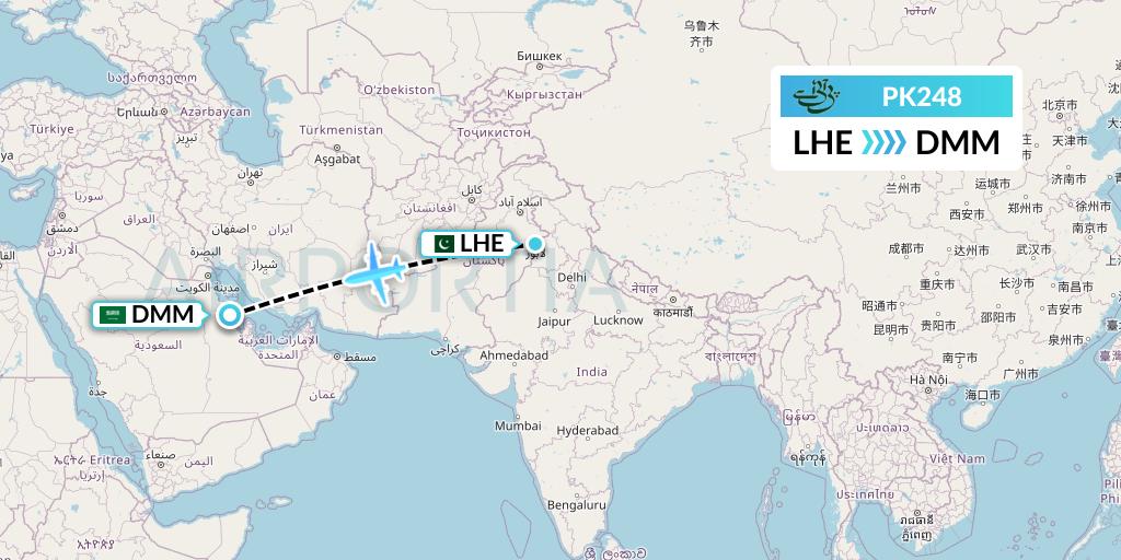 PK248 Pakistan International Airlines Flight Map: Lahore to Dammam