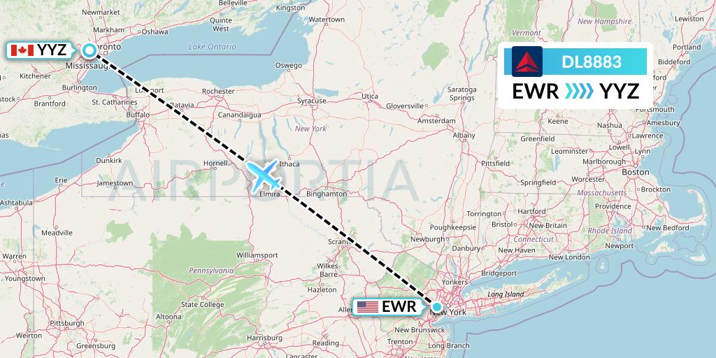 DL8883 Delta Air Lines Flight Map: New York to Toronto