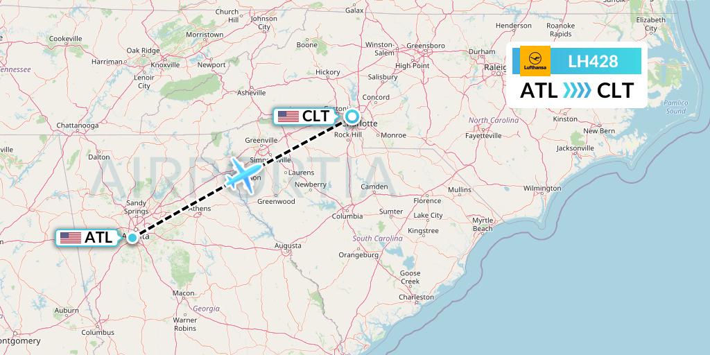 LH428 Lufthansa Flight Map: Atlanta to Charlotte