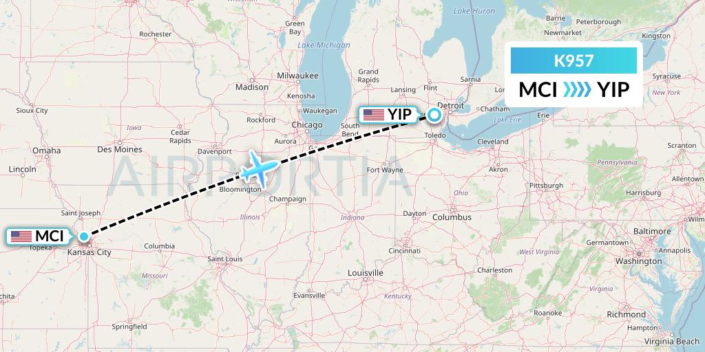 K957 Kalitta Charters Flight Map: Kansas City to Detroit