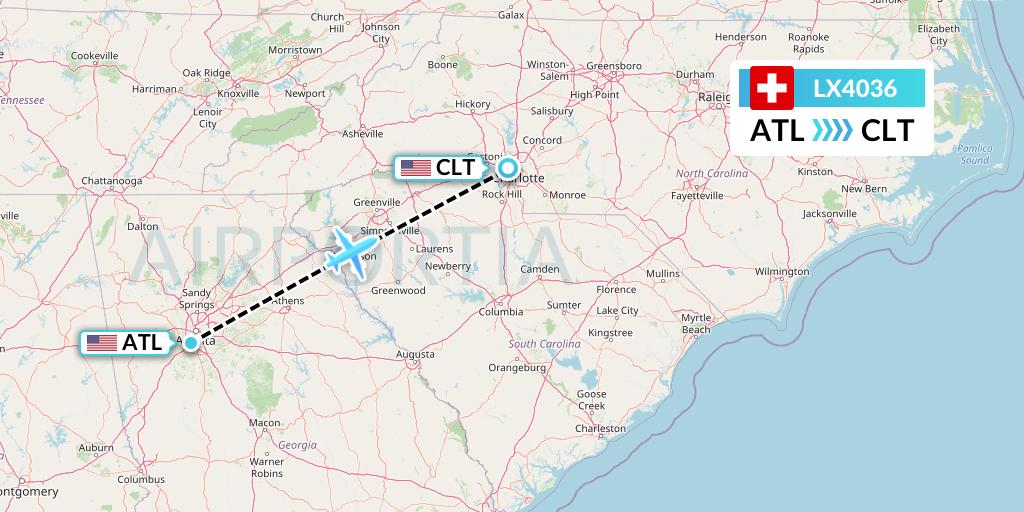LX4036 Swiss Flight Map: Atlanta to Charlotte