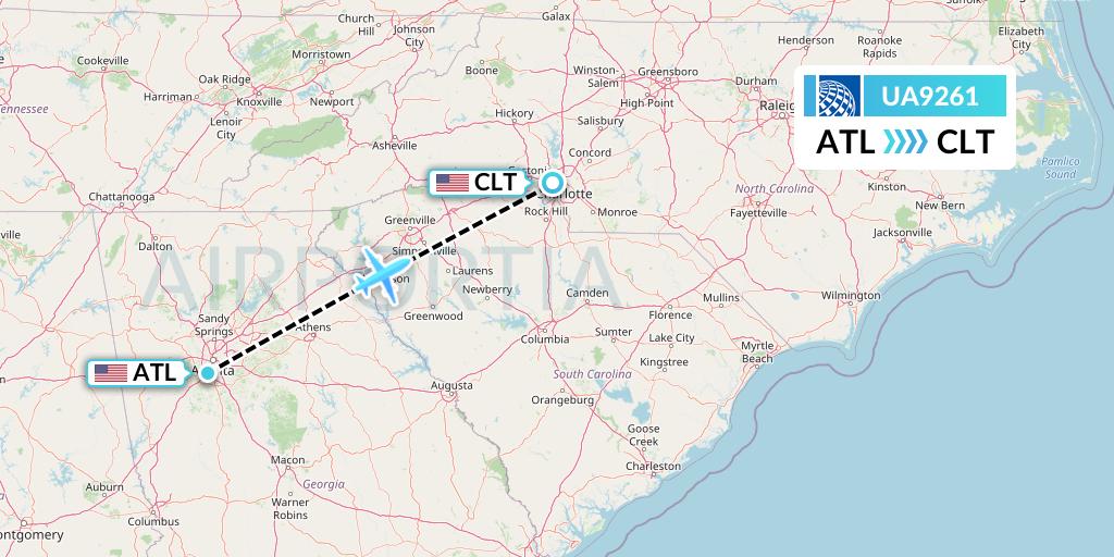 UA9261 United Airlines Flight Map: Atlanta to Charlotte