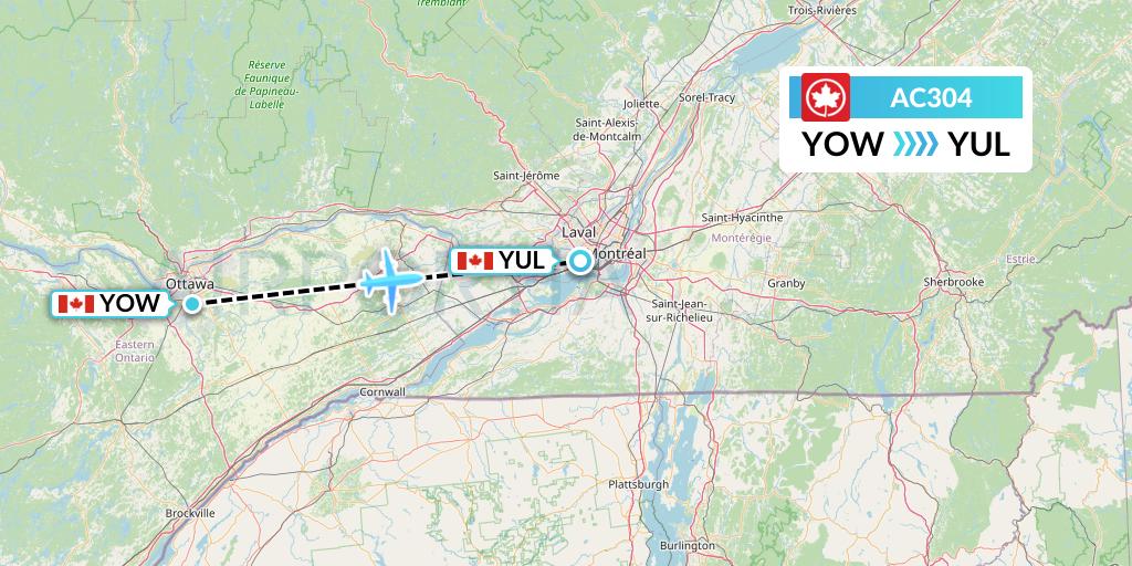 AC304 Air Canada Flight Map: Ottawa to Montreal