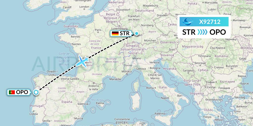 X92712 Avion Express Flight Map: Stuttgart to Porto