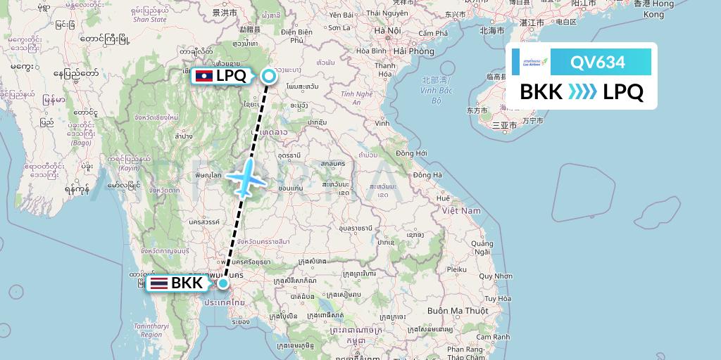 QV634 Lao Airlines Flight Map: Bangkok to Luang Prabang