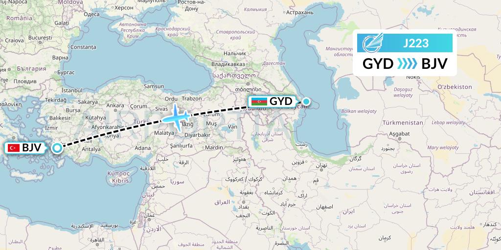 J223 Azerbaijan Airlines Flight Map: Baku to Bodrum