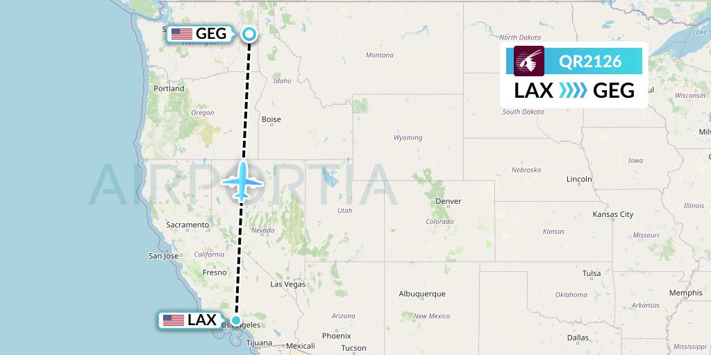 QR2126 Qatar Airways Flight Map: Los Angeles to Spokane