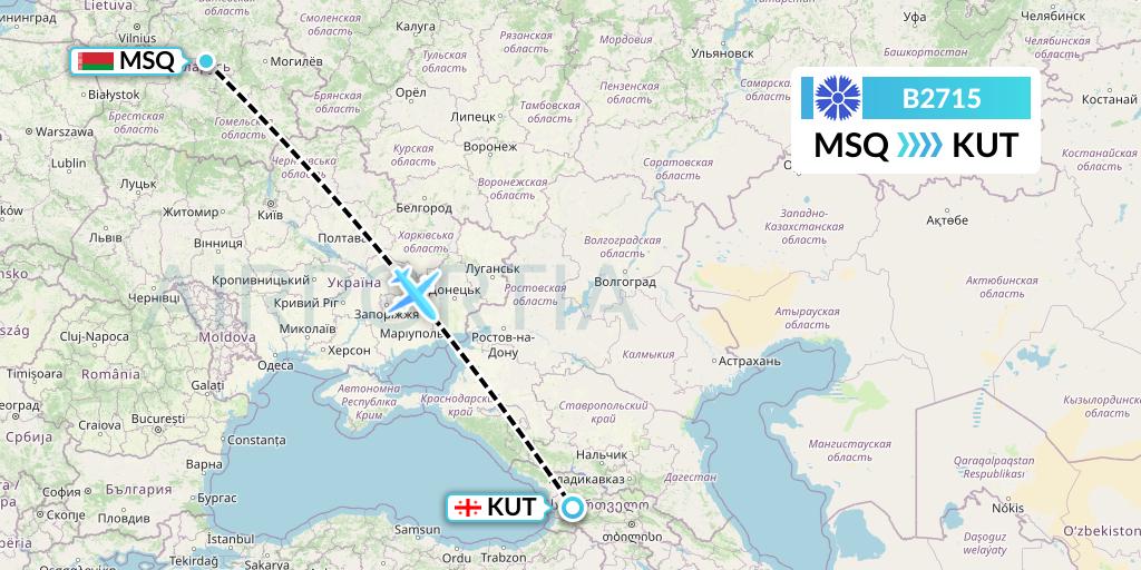 B2715 Belavia Flight Map: Minsk to Kutaisi