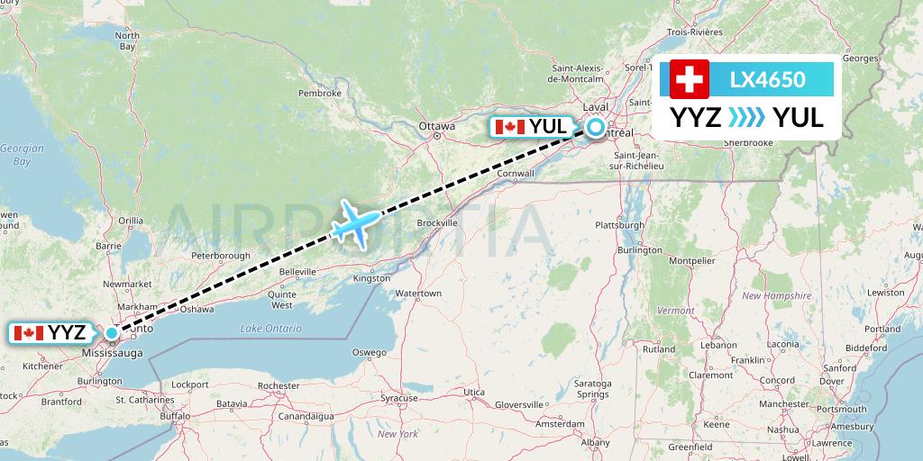 LX4650 Swiss Flight Map: Toronto to Montreal