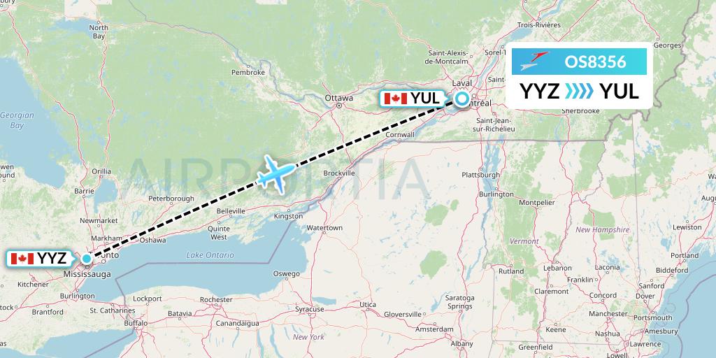 OS8356 Austrian Airlines Flight Map: Toronto to Montreal