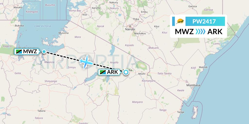 PW2417 Precision Air Flight Map: Mwanza to Arusha