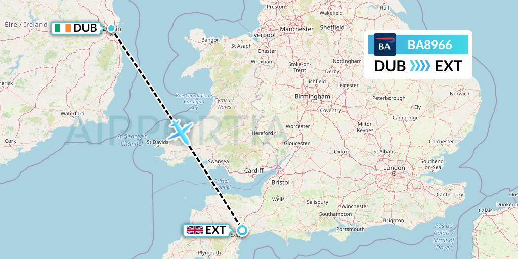 BA8966 British Airways Flight Map: Dublin to Exeter