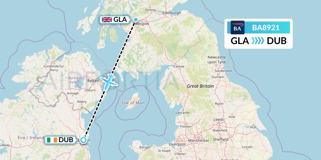 BA8921 British Airways Flight Map: Glasgow to Dublin