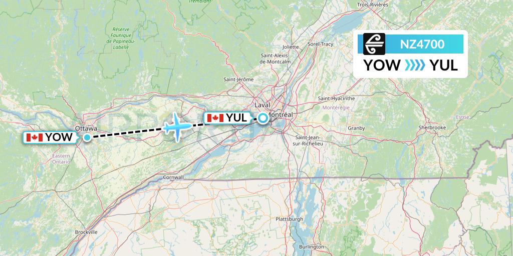 NZ4700 Air New Zealand Flight Map: Ottawa to Montreal