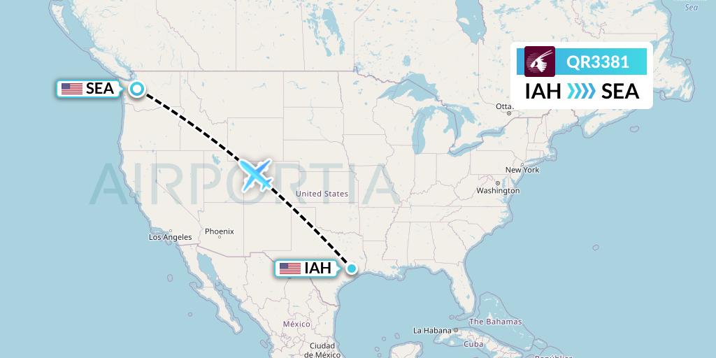 QR3381 Qatar Airways Flight Map: Houston to Seattle