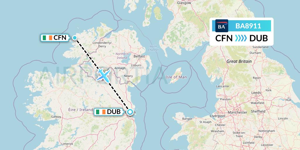 BA8911 British Airways Flight Map: Donegal to Dublin