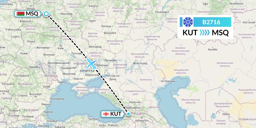 B2716 Belavia Flight Map: Kutaisi to Minsk
