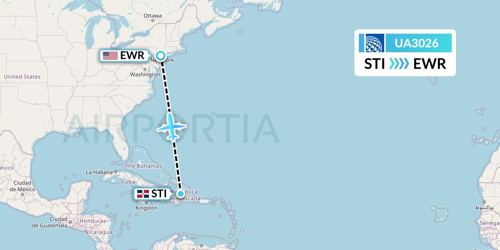 UA3026 United Airlines Flight Map: Santiago de los Caballeros to New York