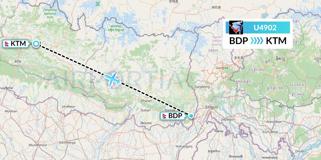 U4902 Buddha Air Flight Map: Bhadrapur to Kathmandu