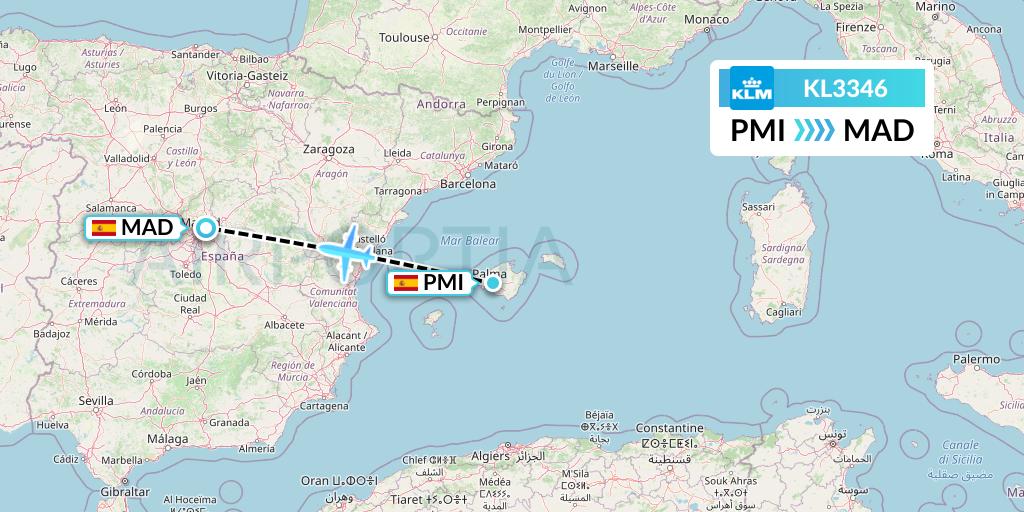 KL3346 KLM Flight Map: Palma de Mallorca to Madrid