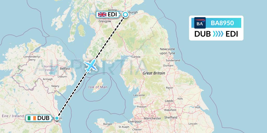 BA8950 British Airways Flight Map: Dublin to Edinburgh