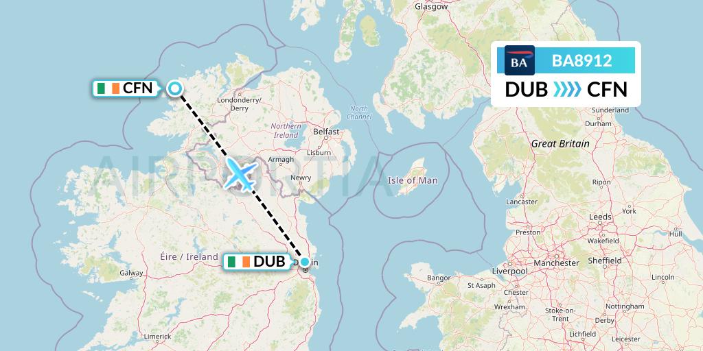 BA8912 British Airways Flight Map: Dublin to Donegal
