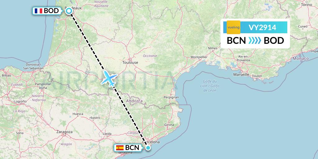 VY2914 Vueling Flight Map: Barcelona to Bordeaux