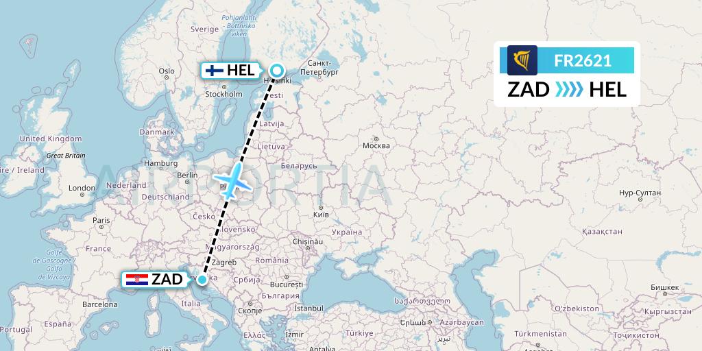 FR2621 Ryanair Flight Map: Zadar to Helsinki