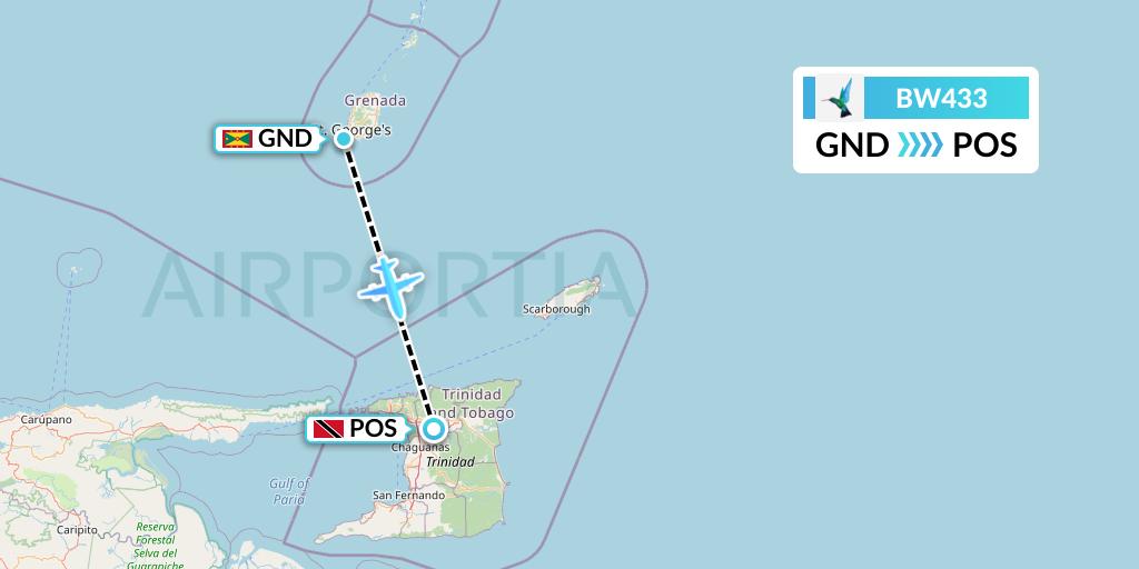 BW433 Caribbean Airlines Flight Map: Point Salines to Port of Spain