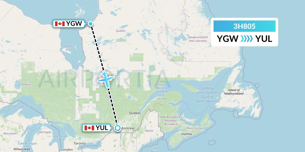 3H805 Air Inuit Flight Map: Kuujjuarapik to Montreal