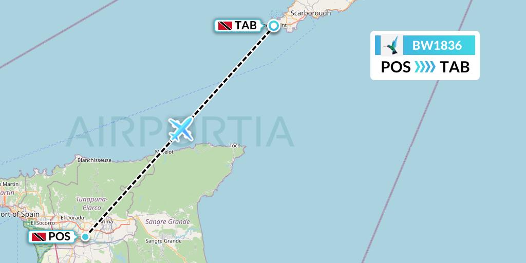 BW1836 Caribbean Airlines Flight Map: Port of Spain to Scarborough