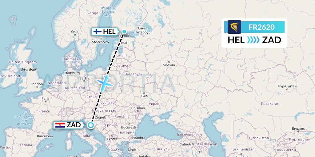 FR2620 Ryanair Flight Map: Helsinki to Zadar