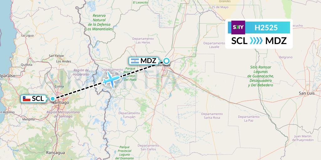 H2525 Sky Airline Flight Map: Santiago to Mendoza