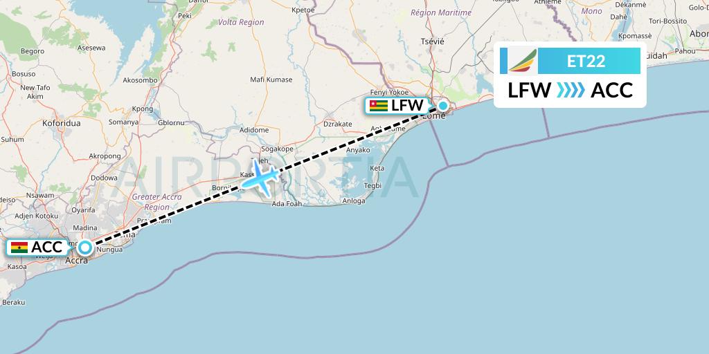 ET22 Ethiopian Airlines Flight Map: Lome to Accra