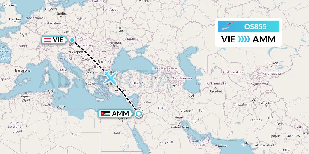 OS855 Austrian Airlines Flight Map: Vienna to Amman