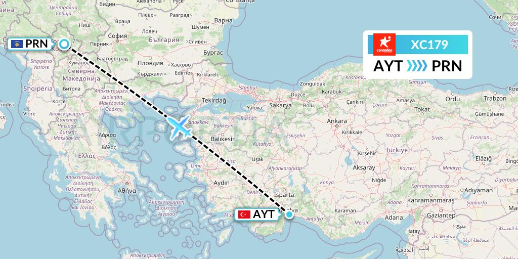 XC179 Corendon Airlines Flight Map: Antalya to Pristina