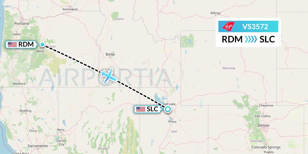 VS3572 Virgin Atlantic Airways Flight Map: Redmond to Salt Lake City