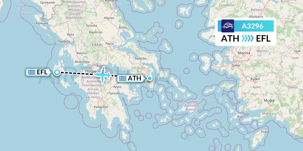 A3296 Aegean Airlines Flight Map: Athens to Kefalonia