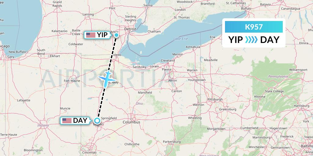 K957 Kalitta Charters Flight Map: Detroit to Dayton